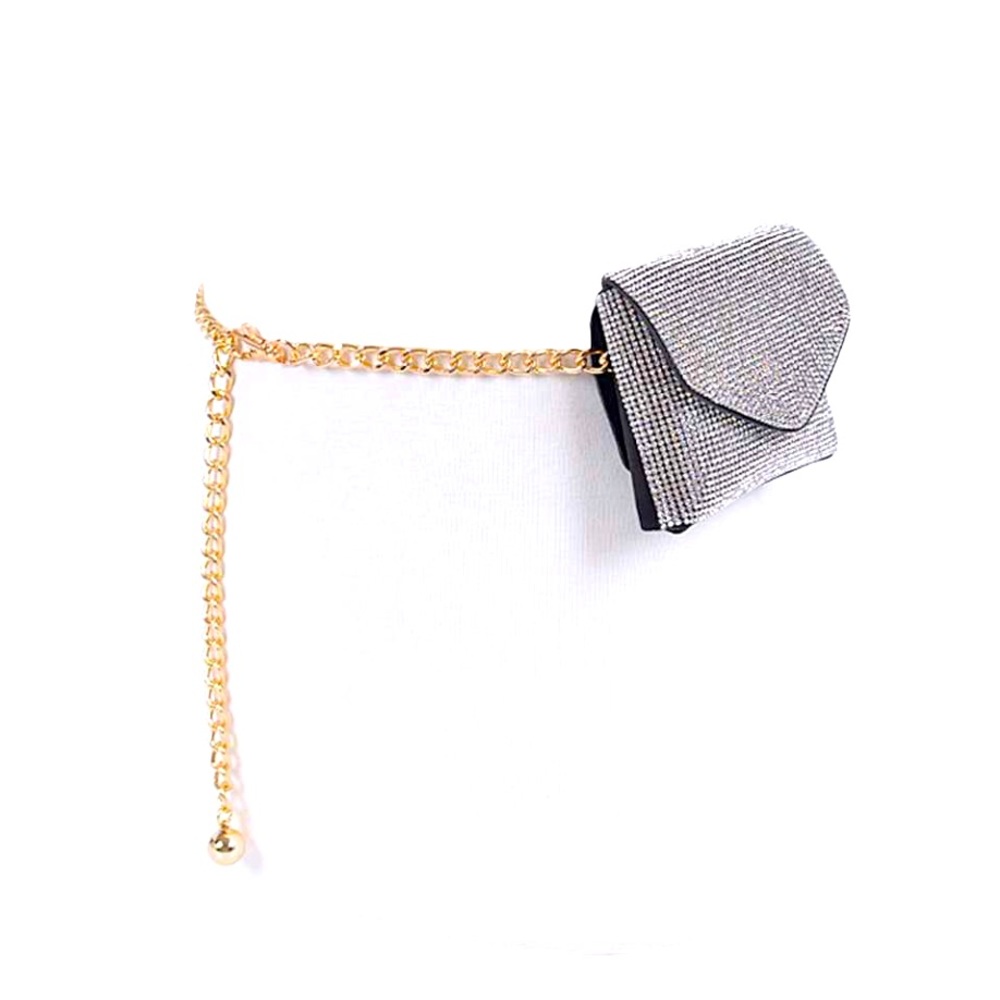 Silver Metallic Mini Crystal Fanny Chain Belt Waist Bag